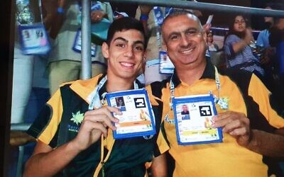 Amit Ben-Ygal with his father Baruch in Australian team colours at the 2013 Maccabiah Games.