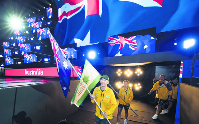 Sean Bloch leading the Australian team at the opening ceremony of the
2017 Maccabiah Games. Photo: Julie Kerbel