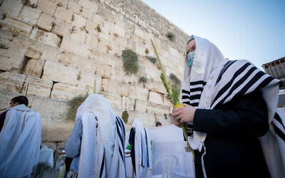 Jewish worshippers pray in front of the Western Wall, Judaism's holiest prayer site, in Jerusalem's Old City, during the Cohen Benediction priestly blessing at the Jewish holiday of Sukkot. October 05, 2020. Photo by Yonatan Sindel/Flash90
 *** Local Caption *** ???? ??????
??????
??????
?????
??
????? ??????
???????
