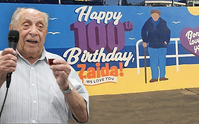 Front: Hersz Friedman enjoying a 100th
birthday luncheon at COA in
January. Back: The Bondi mural his family painted
of him as a present.
