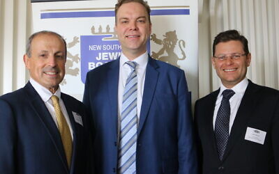 From left: NSW Jewish Board of Deputies CEO Vic Alhadeff, Greens MP Jamie Parker and JBOD president Lesli Berger.