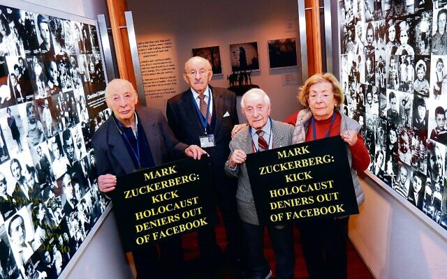 Survivors at the Jewish Holocaust Centre in Melbourne protesting against Facebook in July 2018. From left: Joseph
De Haan, David Prince, Abe Goldberg and Lusia Haberfeld. Photo: Peter Haskin