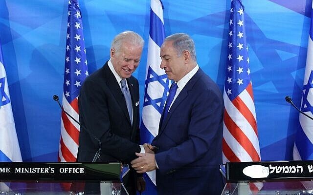 Israeli Prime Minister Benjamin Netanyahu with then-US vice-president Joe Biden in Jerusalem in 2016. Photo: Amit Shabi/Pool