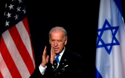 (FILES) In this file photo taken on March 11, 2010 US Vice President Joe Biden gestures during a speech in Tel Aviv. - Biden, set to become the Democratic Party's presidential nominee next week, will face in Donald Trump a president that Prime Minister Benjamin Netanyahu has described as Israel's best friend to ever sit in the White House. (Photo by DAVID FURST / AFP) (Photo by DAVID FURST/AFP via Getty Images)