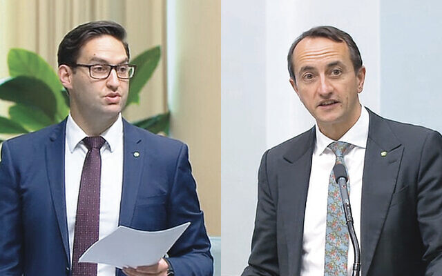 Josh Burns (left) and Dave Sharma speaking in Parliament on Monday.
Photos: Screenshot