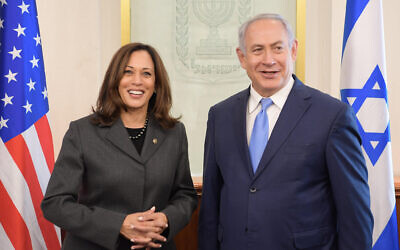 Kamala Harris (left) hosted by Benjamin Netanyahu in his Jerusalem office
in 2017. Photo: Amos Ben Gershom/GPO