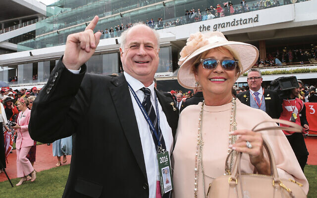 Michael Gudinski and his wife Sue celebrate after Almandin won the Emirates
Melbourne Cup in 2016. Photo: Pat Scala/Racing Photos via Getty Images