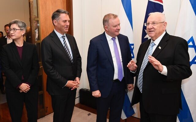 From left: Penny Wong, Richard Marles, Opposition leader Anthony Albanese and Israeli President Reuven Rivlin in Canberra last February. Photo: Auspic