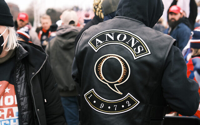 Patches promoting QAnon. Photo: Spencer Platt/Getty Images