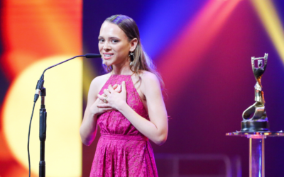 Israeli actor Shira Haas accepting her Ophir Award in 2018 for Best Supporting Actress. Photo: Flash90