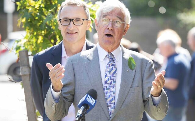 Julian Burnside with former Greens leader Richard Di Natale during the 2019
election. Photo: AAP Image/Ellen Smith
