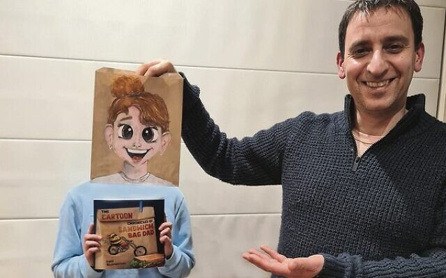 David Blumenthal with his 'cartooned' eldest daughter, Sharni, and his new book, The Sandwich Bag Dad.