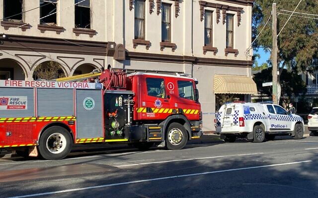Police and fire crews outside Melbourne Kosher Butchers on Inkerman St on Tuesday morning.