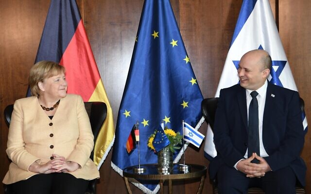 Israeli Prime Minister Naftali Bennett and German Chancellor Angela Merkel at the King David Hotel in Jerusalem. Photo: GPO