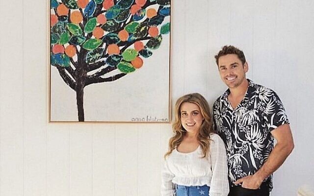 The Block contestants Kirsty and Jesse with their Anna Blatman painting.