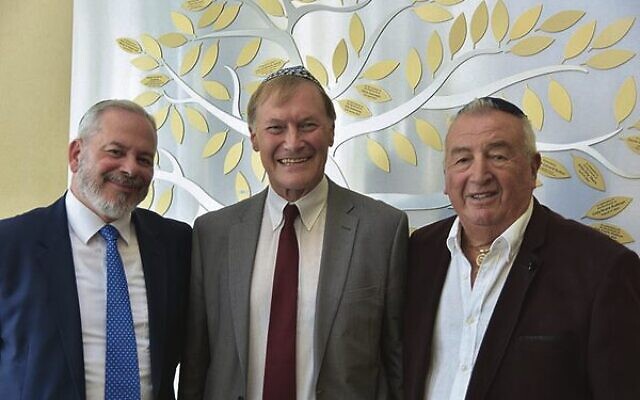 Rabbi Geoffrey Hyman, David Amess and Southend Shule president Michael Nelkin.