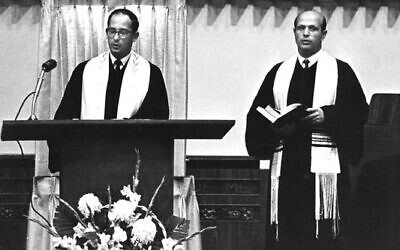Rabbi Alfred Gottschalk (right) at the induction of Rabbi Raymond Zwerin (left) as spiritual leader of Temple Sinai in Denver, 1968. 
Photo: Denver Post via Getty Images