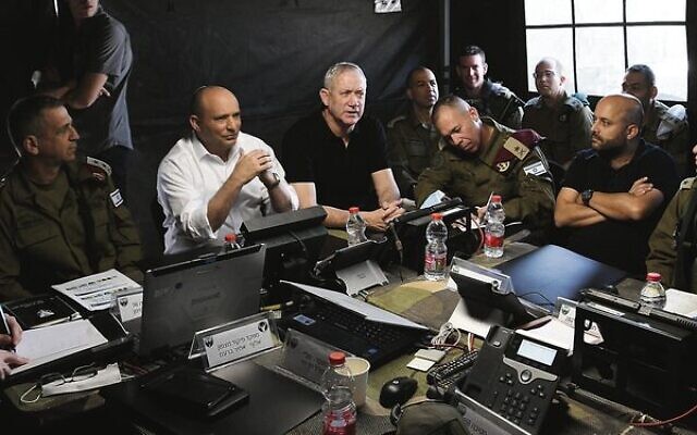 From left: IDF Chief of Staff Aviv Kohavi, Naftali Bennett and Benny Gantz at Tuesday's military drill.Photo: Amos Ben-Gershom/GPO