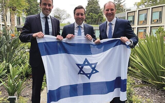 Opposition leader Matthew Guy (centre) with deputy Liberal leader David Southwick (right) and new Victorian shadow attorney general Matt Bach.