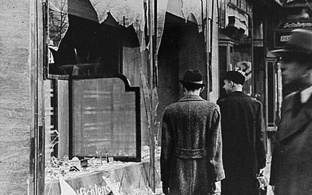 The windows of a Jewish business smashed on Kristallnacht, 1938.