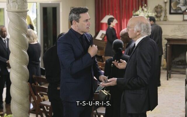 Jon Hamm (left) and Larry David discuss Yiddish words in the first episode of Season 11 of Curb Your Enthusiasm. Photo: Screenshot from HBO via JTA