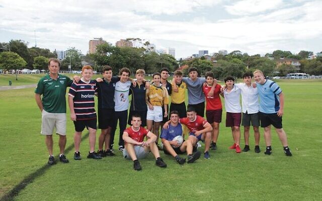 Coach Stu Donaldson (left) with current members of the Australian junior rugby Maccabiah squad.