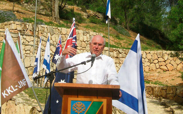 Former Prime Minister John Howard addressing a tree planting ceremony in the Jerusalem hills, April 2011. Photo: KKL