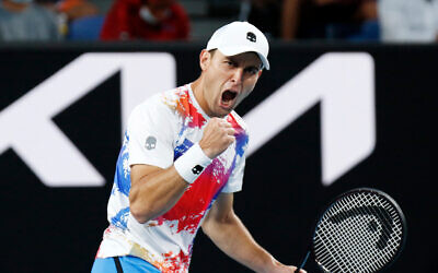 Russian-Israeli Aslan Karatsev gets pumped in his first round match at the 2022 Australian Open. Photo: Peter Haskin