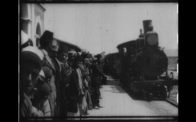 A train pulling into Jaffa station in 1896. Photo: Screenshot via Israel Film Archive