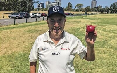 Barry Kave celebrating after breaking his club's wicket-taking record on January 23. Photo: Maccabi-AJAX Cricket Club
