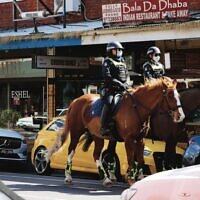 Police on horseback patrolling Glen Eira Road in Ripponlea on Kol Nidrei afternoon. Police on horseback patrolling Glen Eira Road in Ripponlea on Kol Nidrei afternoon.
