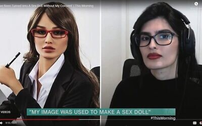 Yael Cohen Aris (right) in a British TV interview, and the sex doll (left) she says was created in her image. Photo: YouTube screenshot