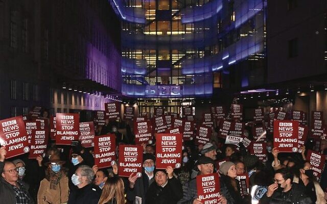 The Campaign Against Antisemitism protest outside BBC Broadcasting House in London in December.Photo: CAA