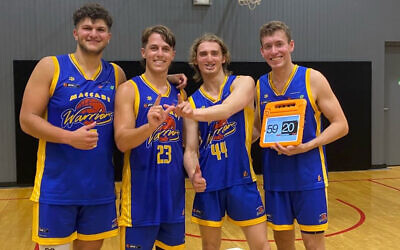Members of Australia's Maccabiah 3x3 men's basketball squad, celebrating a tournament win by the Maccabi Warriors in Melbourne last week.