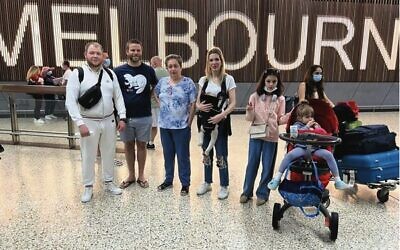Arriving in Melbourne. From left: Ihor Varhotsky, Patrick Polak, Iryna Oksion, Tetiana Varhotskyi with baby Diana, Alina and Milana.