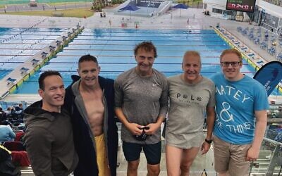 Maccabi-AJAX masters swimmers (from left) Marc Blecher, Robert Friedman, Brandon Carp, Paul Fleiszig and Avi Travers at the championships. Absent from photo: 
Para swimmer and squad member Gid Meltzer.