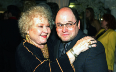 Estelle Harris and Jason Alexander greet each other at the after-party for The Producers. Photo: Kevin Winter/Getty Images