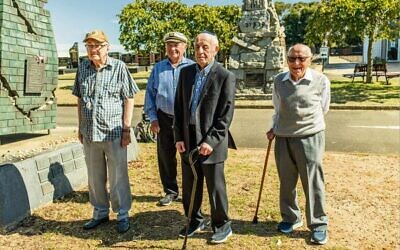 "Buchenwald Boys" (from left) Salek Roth, Joe Szwarcberg, Szaja Chaskiel and Jack Unikoski at the Buchenwald monument at Springvale Cemetery.  
Photo: Andrew Harris