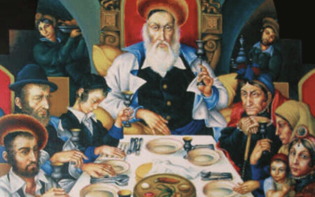 'The Seder Table' painted in 1936 by Arthur Szyk is shown at an exhibition of his work at the Jewish Historical Institute in Warsaw, which opened June 30, 2005.
Credit: Carolyn Slutsky