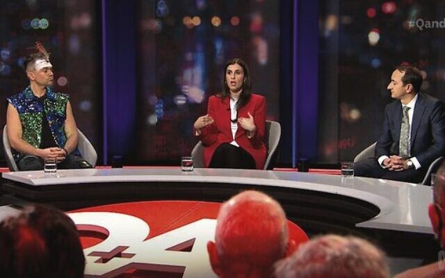 Indigenous performer Mitch Tambo, Palestinian advocate Randa Abdel-Fattah and Wentworth MP Dave Sharma on the Q&A episode. Photo: Screenshot