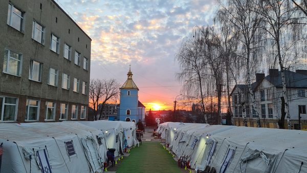 The sun sets on the Kochav Meir field hospital in Mostyska, Ukraine.
