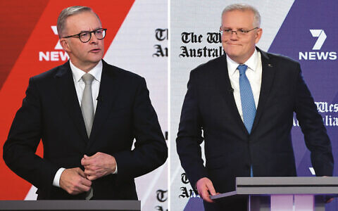 Opposition Leader Anthony Albanese (left) and Prime Minister Scott Morrison during the third leaders' debate at Seven Network Studios last week. Photo: AAP Image/Lukas Coch, Mick Tsikas