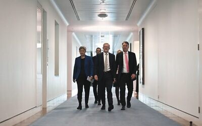 Prime Minister Anthony Albanese with interim ministers (from left) Penny Wong, Jim Chalmers, Katy Gallagher and Richard Marles at Parliament House in Canberra. Photo: AAP Image/Lukas Coch
