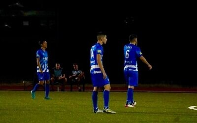 Hakoah FC players during their thrilling penalty shootout win over Marconi in the Australian Cup last Tuesday night at Hensley Field. Photo: Supplied