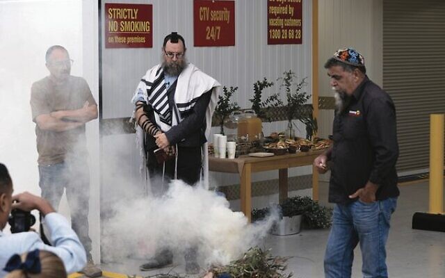 Rabbi Menachem Wolf and Uncle Shane Clarke, a Bunurong Elder during the Smoking and Welcome to Country ceremony.