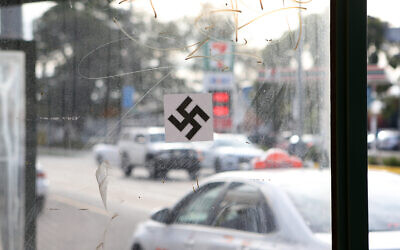A swastika on a tram stop on Hawthorn Rd Caulfield, just up from the Beth Weizmann Community Centre. Photo: Peter Haskin