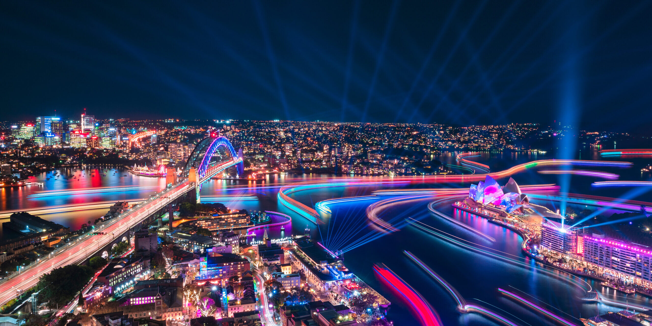 Views of Harbour Lights installations on marine vessels moving across Sydney Harbour during Vivid Sydney 2019. Photo: Destination NSW