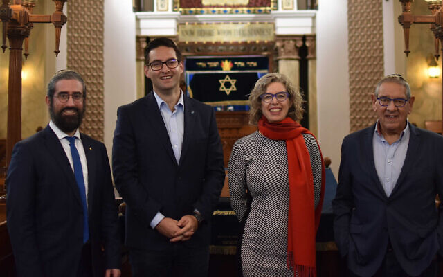 Josh Burns (second from left) during a recent visit to St Kilda Shule, with Rabbi Yaakov Glasman, Victorian MLC Nina Taylor and shule president Gerry Bullon.