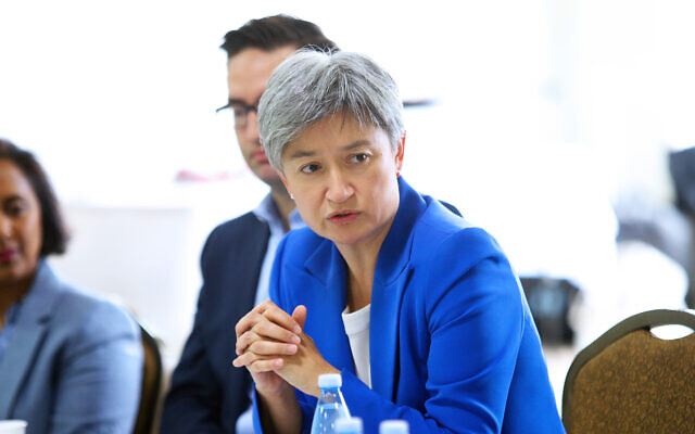 Labor's shadow foreign affairs minister, Penny Wong, speaking at Caulfield Shule in March 2022. Photo: Peter Haskin