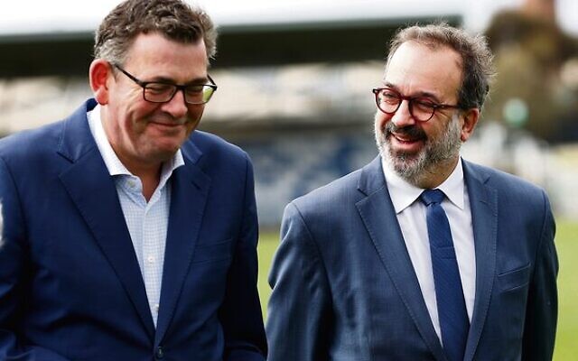 Martin Pakula (right) with Premier Daniel Andrews at a Commonwealth Games press conference in April. Photo: AAP Image/Con Chronis